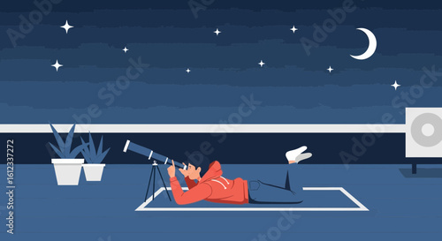 Exploring Night Skies A Young Observer Gaze Through Telescope On Rooftop
