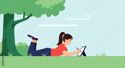 Girl Lying On Grass Drawing On Tablet Under Tree In Sunny Day