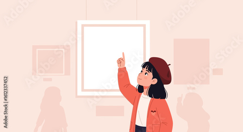 Girl Observes Contemporary Art At The Gallery Or Museum With Frames