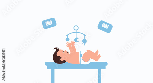 Happy Newborn Relaxing Under Crib Mobile With Baby Wipes For Hygiene Concept