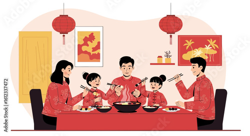Family Celebrating Chinese New Year Enjoying Traditional Hot Pot Dinner Together