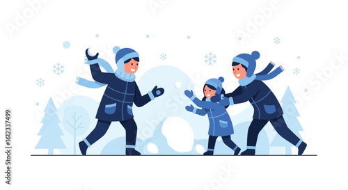 Family enjoying a playful winter scene with a lively snowball fight illustration