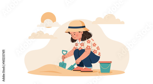 Girl Playing with Sand at the Beach on a Sunny Day Illustration