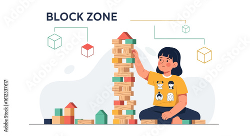Girl Plays A Tower Of Colored Wooden Blocks In Block Zone Fun Game