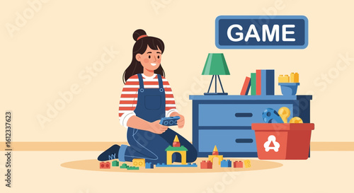 Girl Plays Construction Toys In Her Playroom With Imagination And Happiness