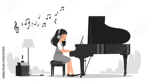 Girl Plays Grand Piano at Home Practicing Music Lesson and Enjoying Sound