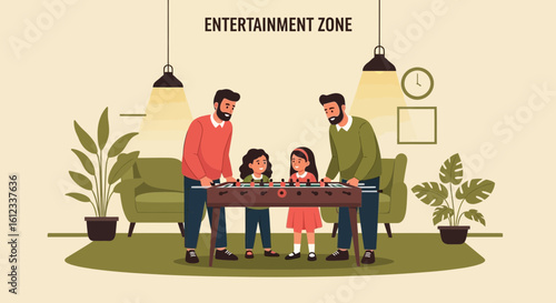 Family time playing foosball in entertainment zone spending quality time together