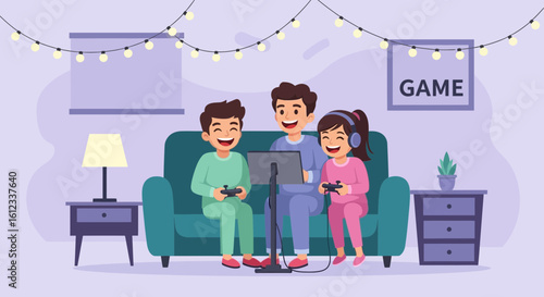 Family Time Together: Father and Children Enjoying Video Games at Home with Happiness