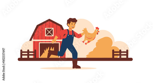 Farmer Chasing Chicken In Countryside Cartoonish Vector Illustration Isolated