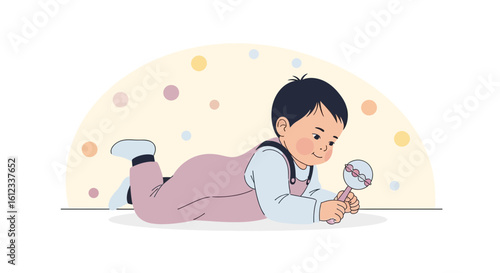Happy Toddler Engaged In Sensory Exploration With A Baby Rattle Toy