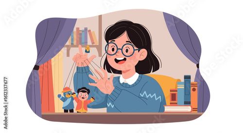 Girl Plays With Marionettes At Home Enjoying A Puppet Theater Show