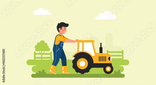 Farmer pushing a tractor on the farm, concept of agriculture and rural life, vector illustration, flat design style, seasonal work