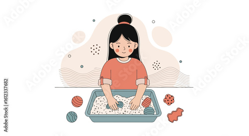 Girl Plays With Sensory Bin In A Relaxing Creative Environment At Home
