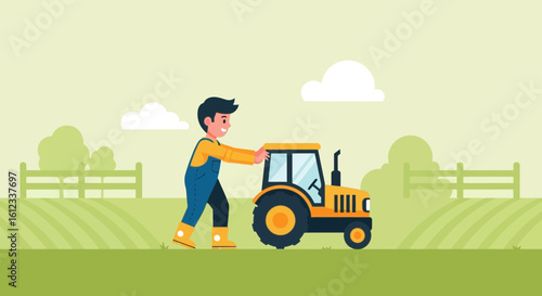 Farmer Pushing An Old Tractor Across a Verdant Field On A Sunny Day