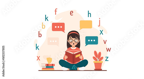 Girl reading a book with letters and speech bubbles symbolizing education process