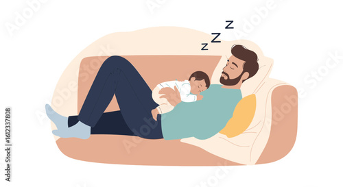 Fatherhood Moments: Father and Child Taking A Nap Together On The Couch
