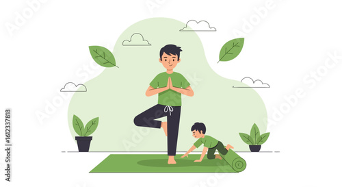 Father And Son Practicing Yoga Together Outdoors In Nature Relaxing Time