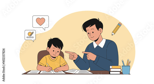 Father Teaching Son At Home And Helping With Homework Education