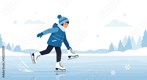 Happy Winter Skating Scene with Young Skater Enjoying Outdoor Activity