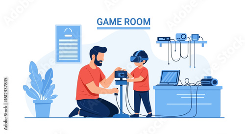 Father assisting his son in wearing a VR headset in a modern and inviting game room environment for a fun family experience