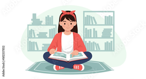 Girl Reading Book In Library Illustration For Educational Purposes
