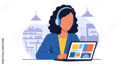 Woman working on laptop in cafe, perfect for website banners or blog posts about remote work.