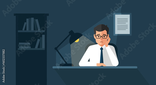 Feeling Overwhelmed Young Professional Sitting At His Desk At Night