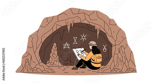 Female Archeologist In Cave Drawing Ancient Pictograms On Canvas Illustration