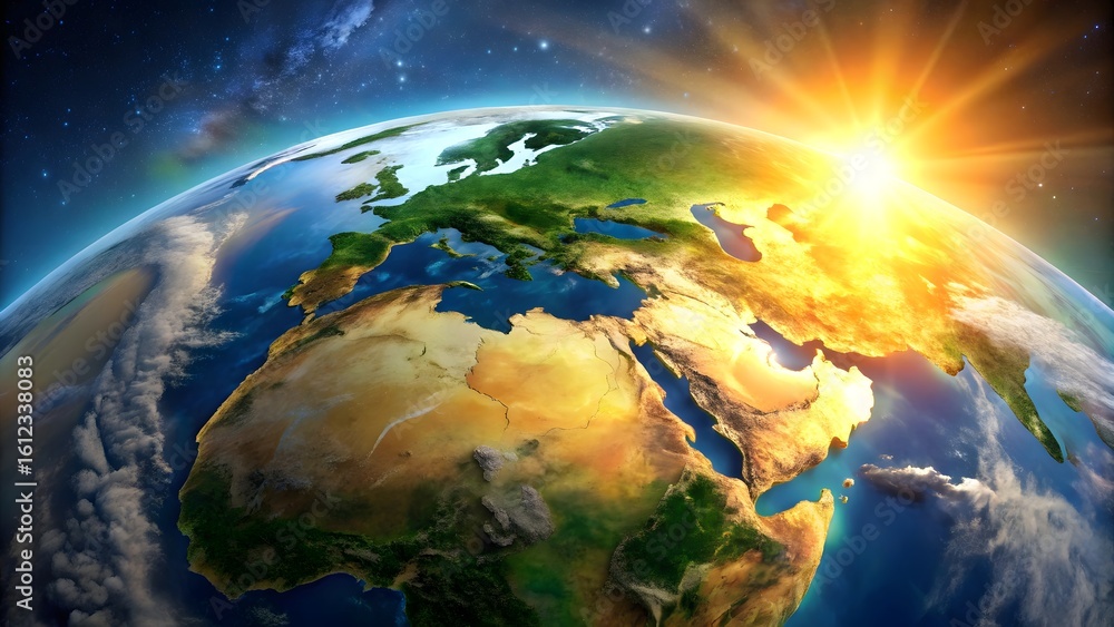 Fototapeta premium Sunrise over earth from space showing europe and africa