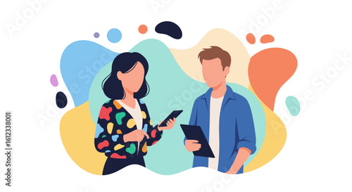 Two colleagues collaborating, using phone and tablet - perfect for a teamwork or communication landing page.