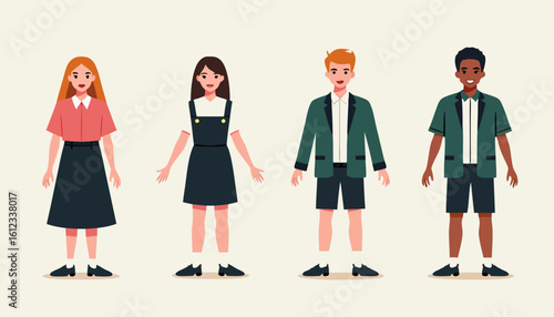 Four diverse young students standing together in casual outfits  