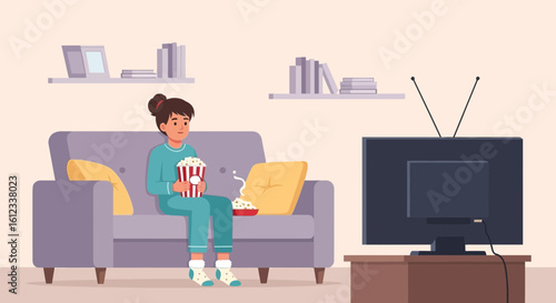 Girl Relaxing on Sofa Watching Television and Eating Popcorn At Home