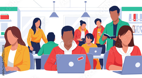 Diverse team of professionals working collaboratively in a modern office, ideal for websites and presentations about teamwork.