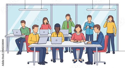 Diverse team of professionals working collaboratively in a modern office setting. Ideal for website banners, presentations, or brochures.