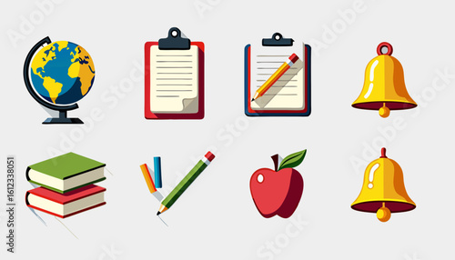 Educational icons including globe, books, pencil, and checklist  