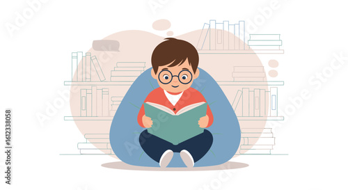 Happy Young Boy Reading Book On Beanbag Chair In A Library