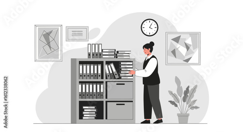 Female Employee Arranging Files In An Office Shelf During Working Time