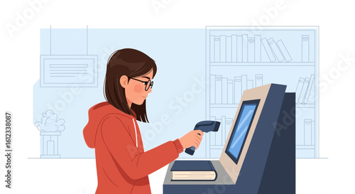 Girl Self-Checking Her Book At The Library Self-Service Using A Barcode Reader