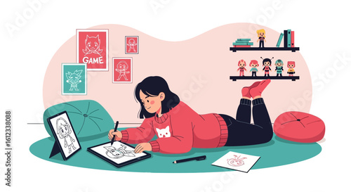 Female Game Artist Creating Digital Artwork at Home Using Graphic Tablet