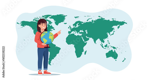 Female Student Explores World Geography Using A Globe And A World Map Backdrop