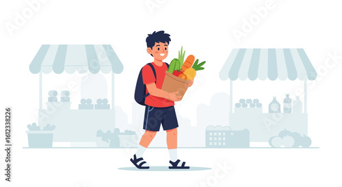 Happy Young Man Carrying Groceries Home From Farmers Market Illustration