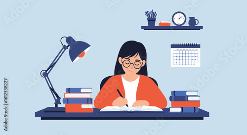 Female Student Studying At Desk Under Lamp Cartoon Illustration