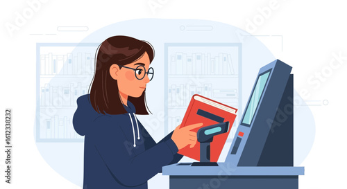 Girl Uses Self Checkout Kiosk For Book Lending At The Library Service