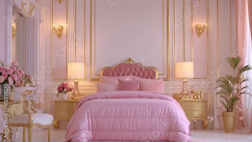 Lavish Pink and Gold Baroque Style Bedroom with Tufted Headboard Bed, Ornate Furniture, and Decorative Plants