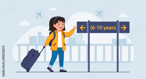 Happy young traveler at the airport following age appropriate directions sign