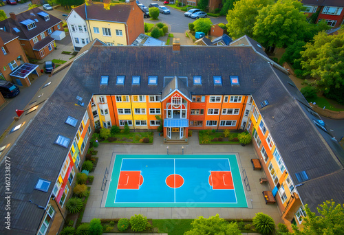 An aerial view of the basketball court and colorful school courtyard in the UK.