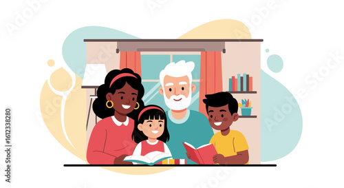 Happy multiracial family reading books together at home. Perfect for websites, blogs, and educational materials.