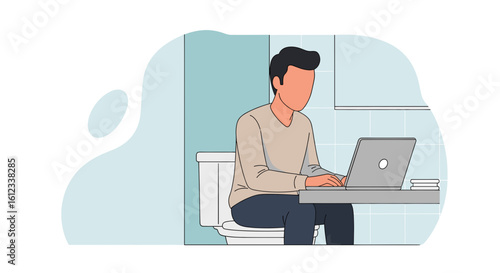 Illustration of a man working on his laptop while sitting on the toilet, perfect for articles about work-life balance or humor related to remote work.