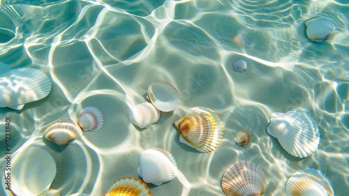 Underwater scene featuring various seashells resting on sandy ocean floor, illuminated by sunlight creating beautiful reflections and patterns in clear water