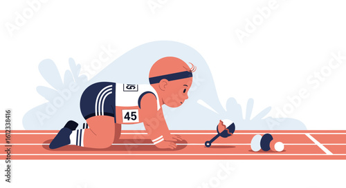 Humorous illustration of a baby athlete ready to race towards a baby rattle toy